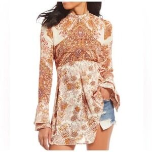 Free People Lady Luck Printed Tunic Dress Boho Paisley Open Back Festival Small
